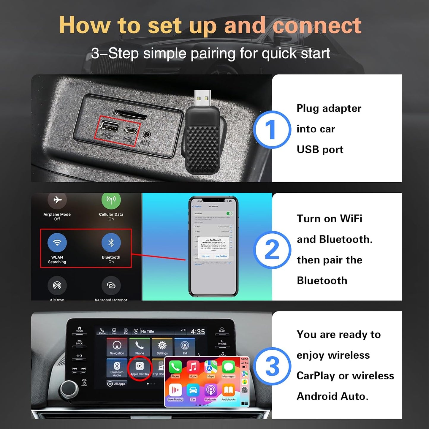 2 in 1 Wireless CarPlay & Android Auto Adapter Plug & Play 	Converts Wired to Wireless for Factory Wired Cars from 2016+