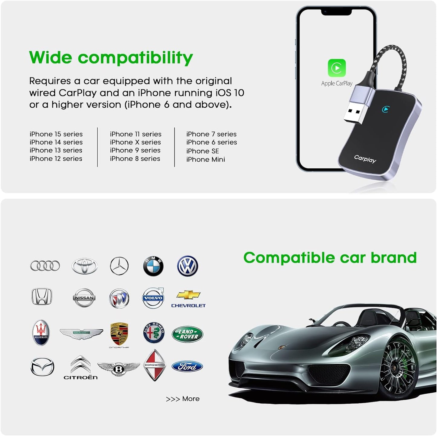 Wireless CarPlay Adapter Compatible with iPhone iOS 10+ & from 2015 Cars