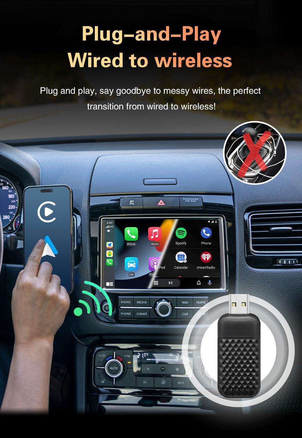 2 in 1 Wireless CarPlay & Android Auto Adapter Plug & Play 	Converts Wired to Wireless for Factory Wired Cars from 2016+